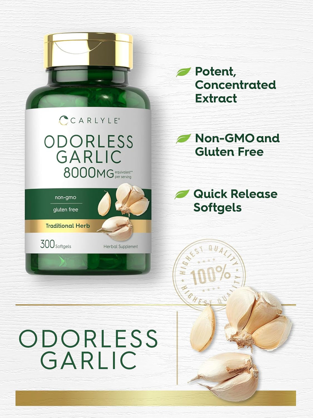 Carlyle Odorless Garlic Softgels | 300 Count | High Potency Formula | Non-Gmo and Gluten Free